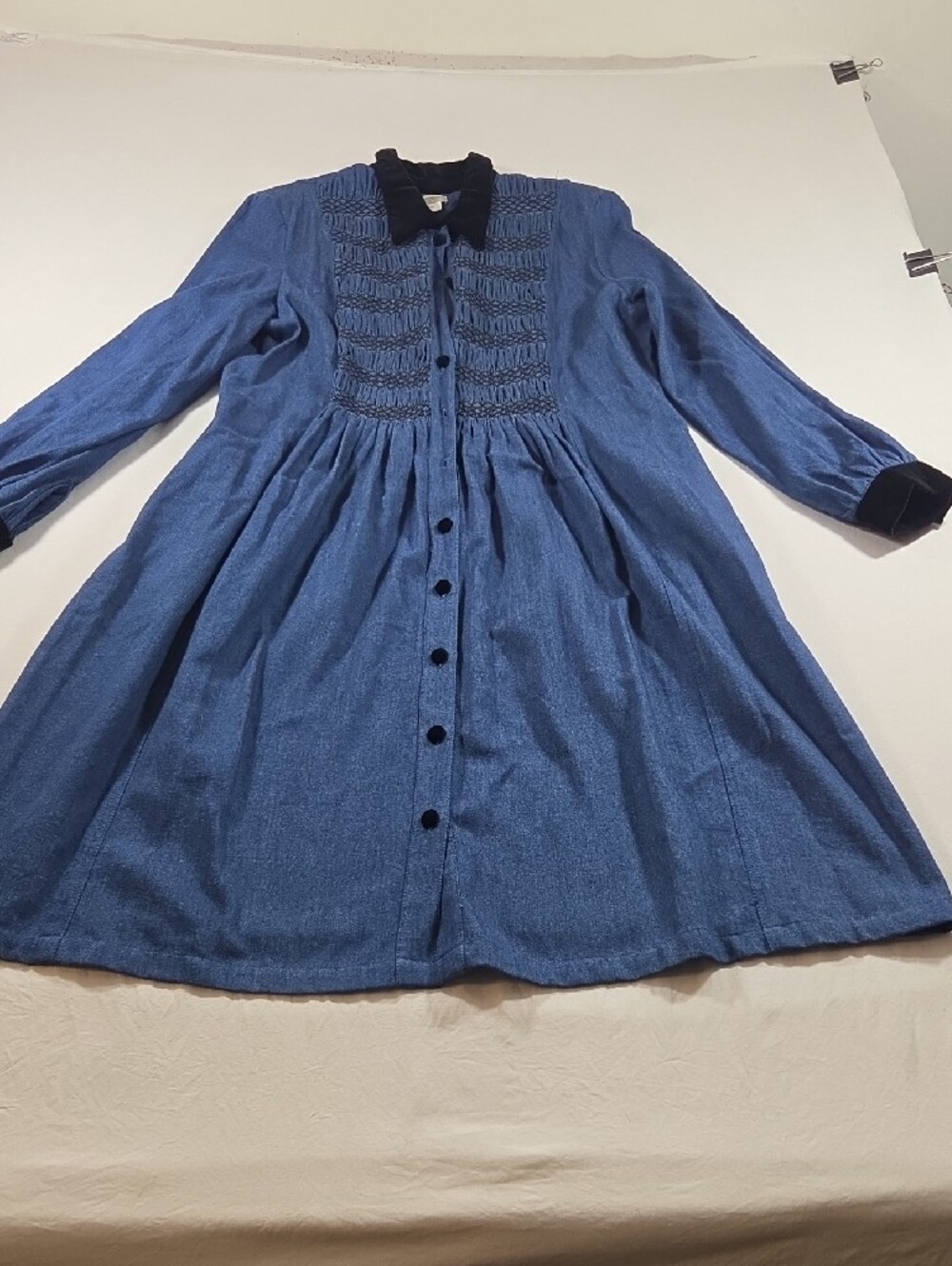 Coldwater Creek Denim  Long-Sleeve Button-Front Dress Smocked Velvet Black Trim - Picture 7 of 9